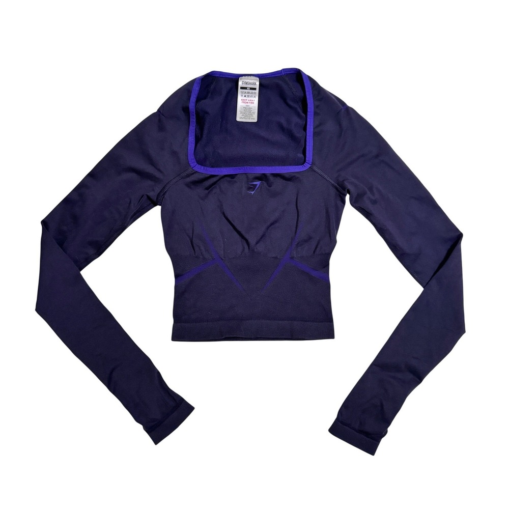 Gymshark XS Apex Lift Seamless Long Sleeve Crop Top Navy Purple Thumbholes